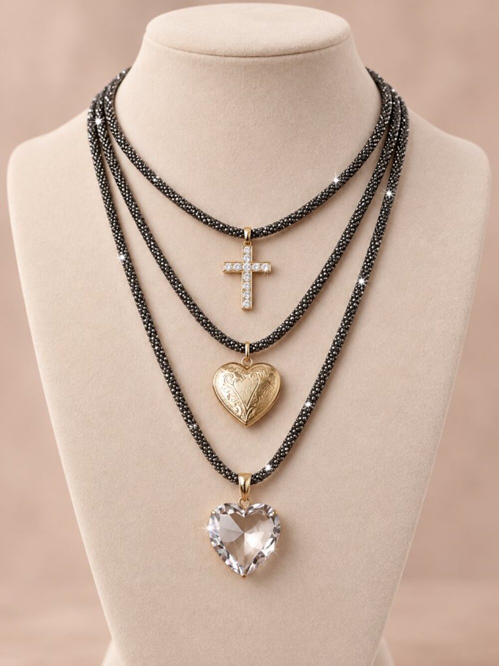 Stunning Silver Sparkle Thick Chained 3-Layer Star Heart Charm Locket Necklace